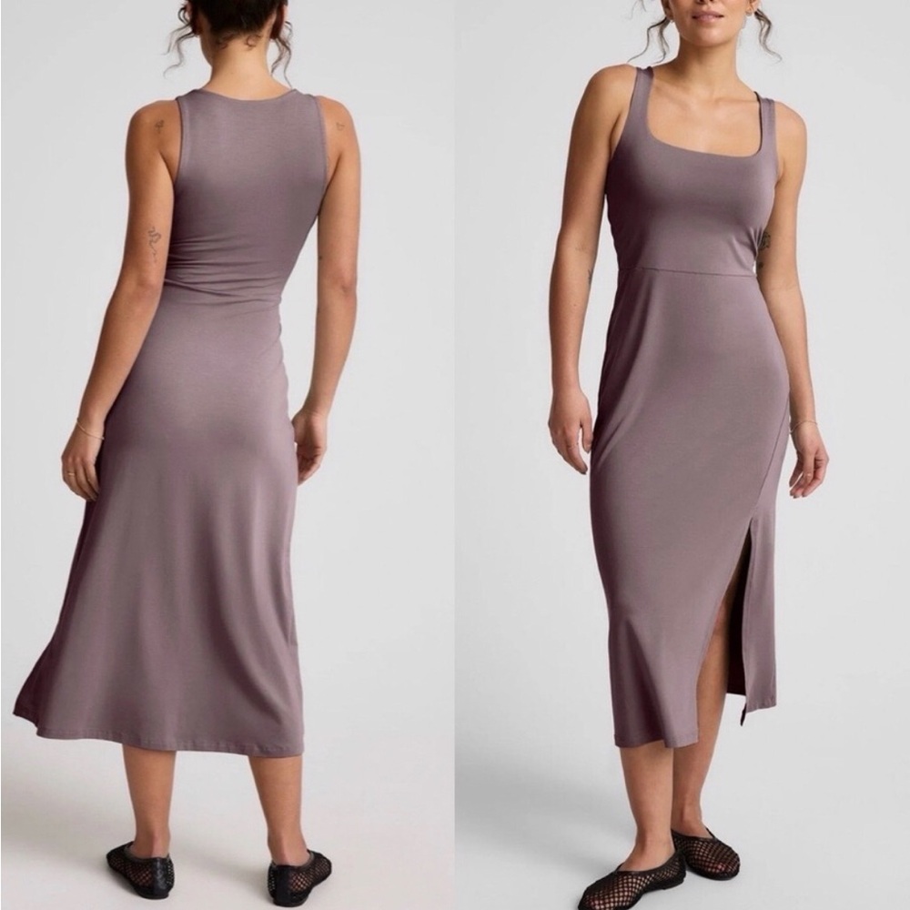 Beyond Yoga Getaway Dress Size L Taupe Woodland Midi Square Neck Slit